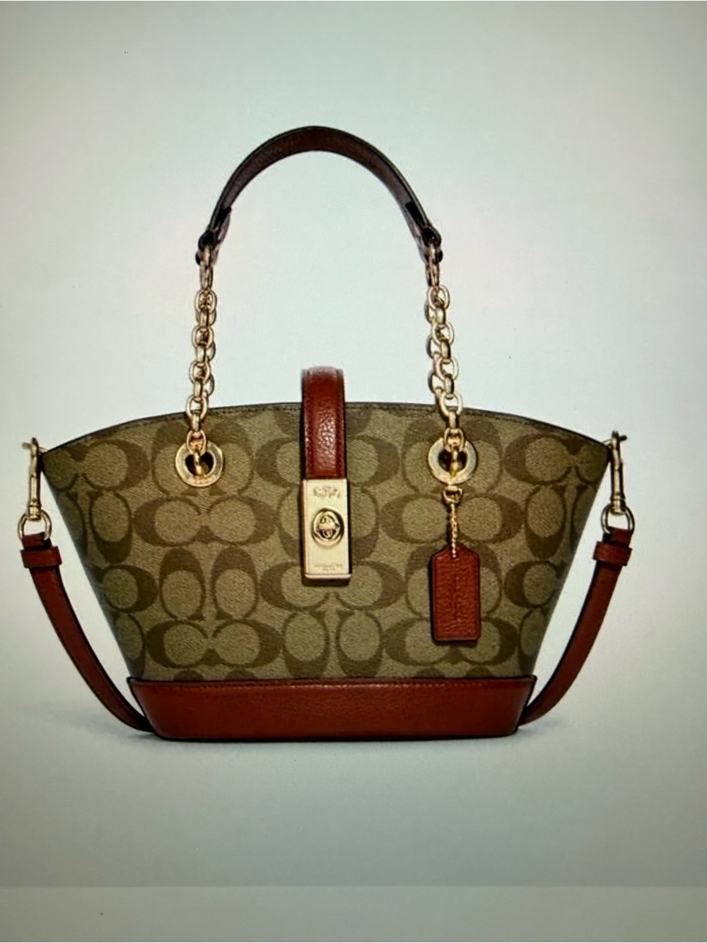 Coach Lane Brown Signature Canvas Bucket Bag with Leather Trim and Gold Hardware